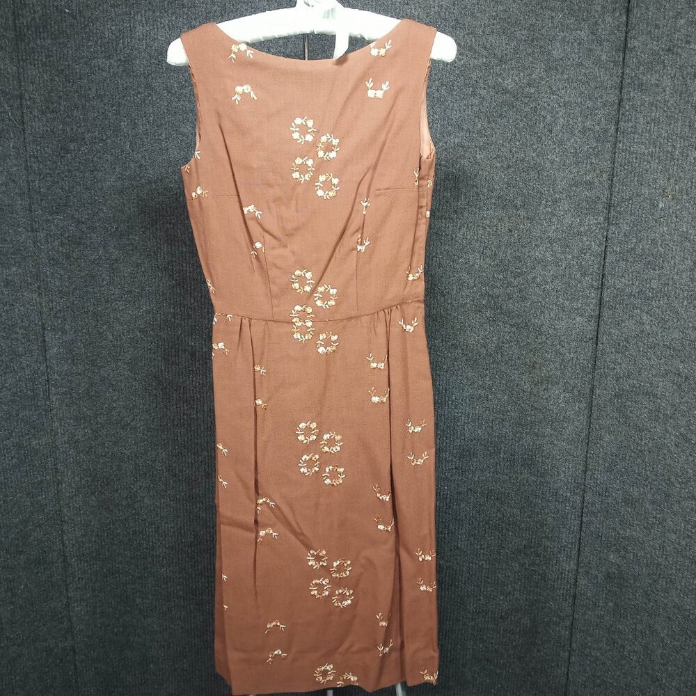 1950's Vintage Brown Embroidered Flower Linen Wiggle Dress with Short Coat